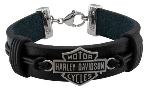 Harley-Davidson® Men's Nut & Coil Bar & Shield Leather Bracelet - Stainless Steel, HSB0233 - Superstition Harley-Davidson