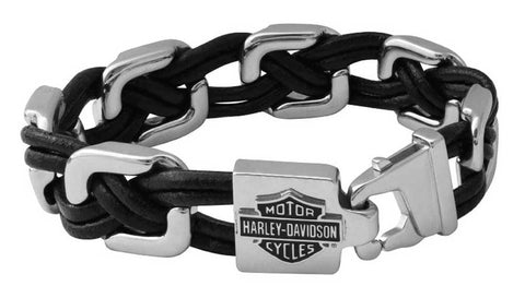 Harley-Davidson® Men's 9" Floating Links Black Leather Steel Bracelet, Silver, HSB0206 - Superstition Harley-Davidson