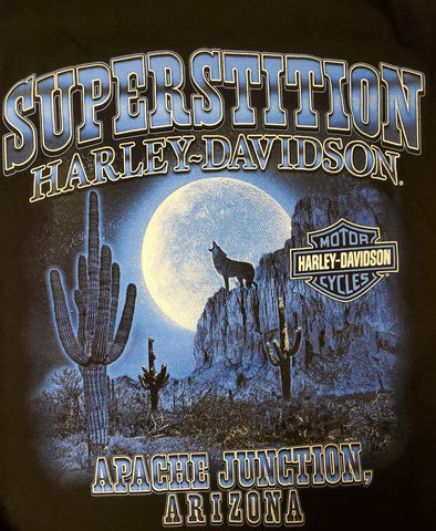 Harley-Davidson® Elongated Bar & Shield Coyote Moon Short Sleeve T-Shirt, Black or White - Superstition Harley-Davidson